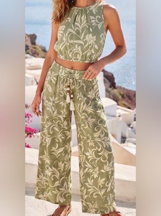 Salty Lemon Pants - 100%Cotton Sleeveless top and Olive Floral Wide-Leg pants